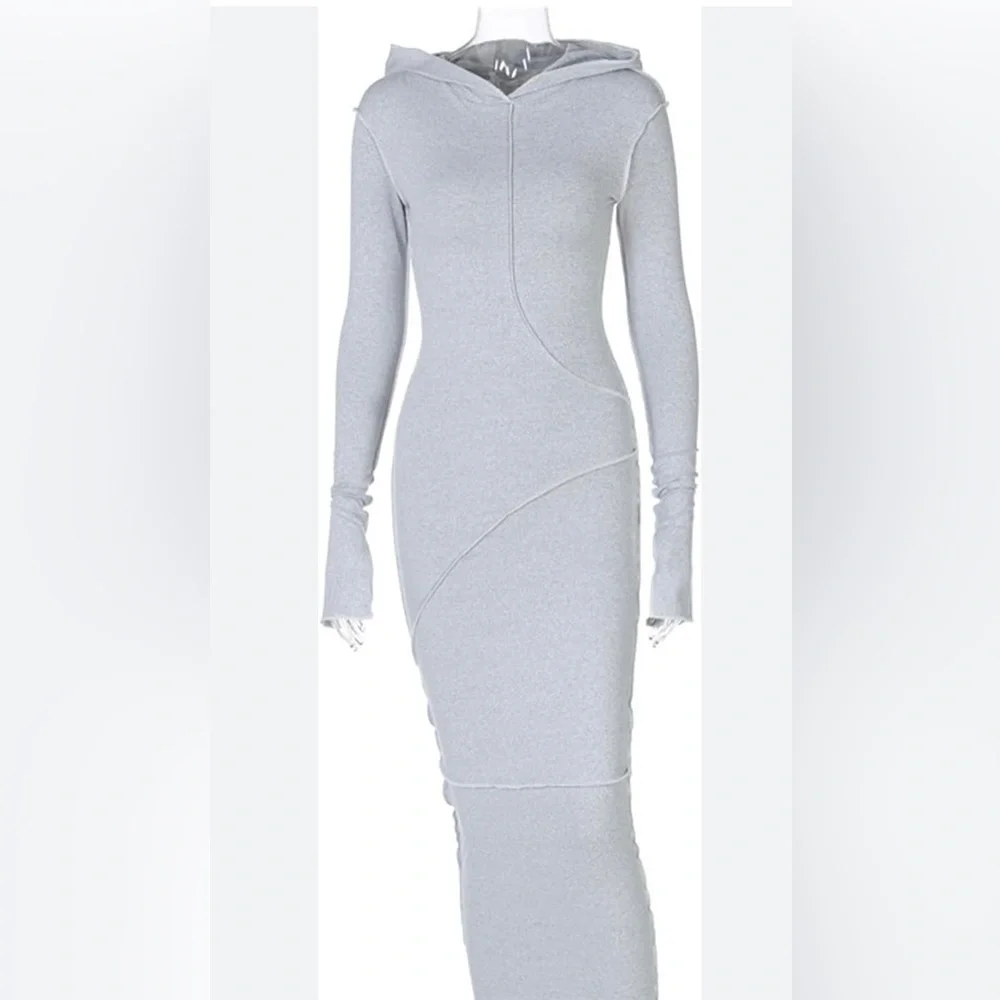 Long Sleeve Hooded Bodycon Maxi Dress Large Slim Fit Tagless